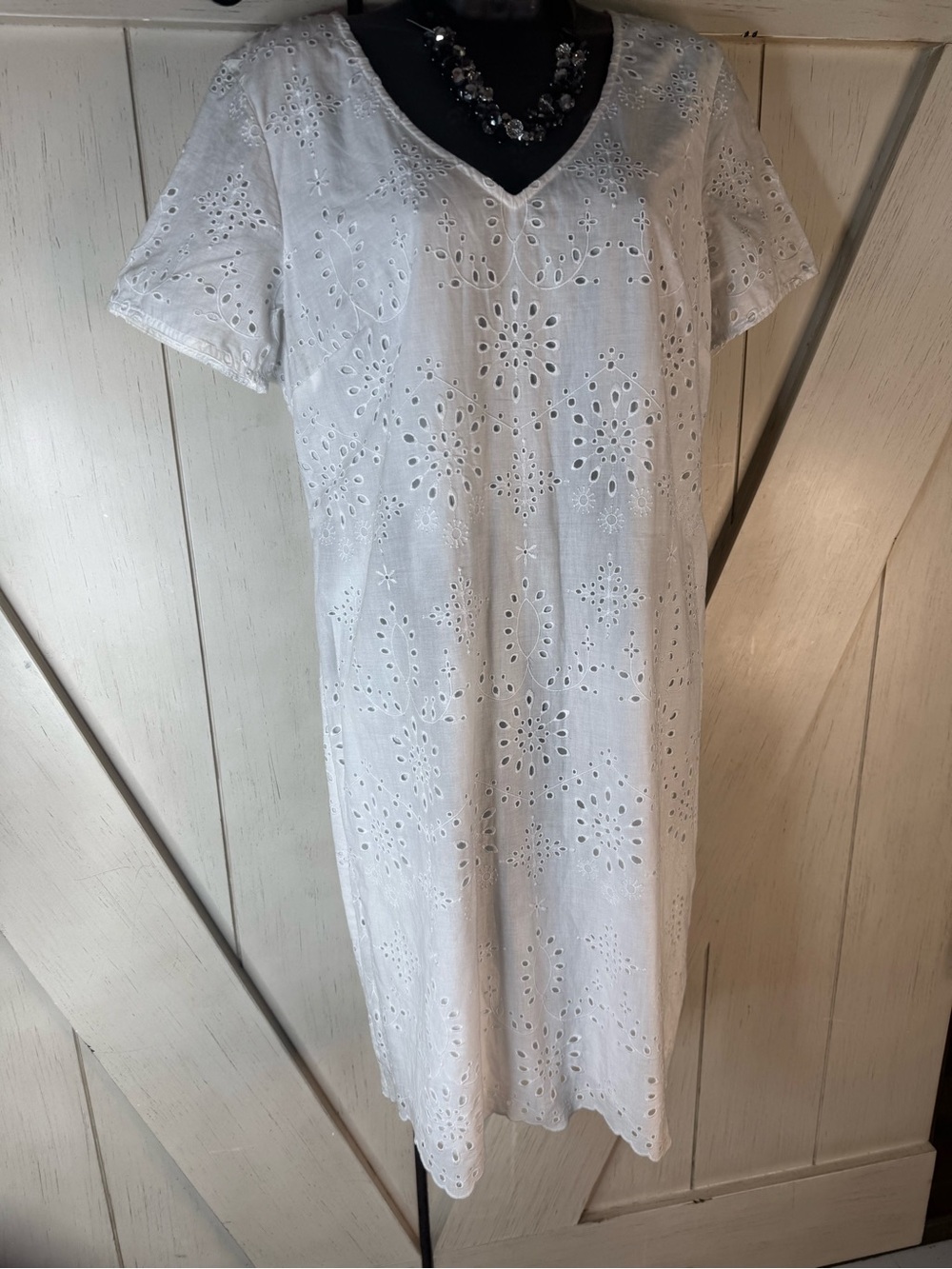 Talbots White Eyelet V-Neck Midi Dress